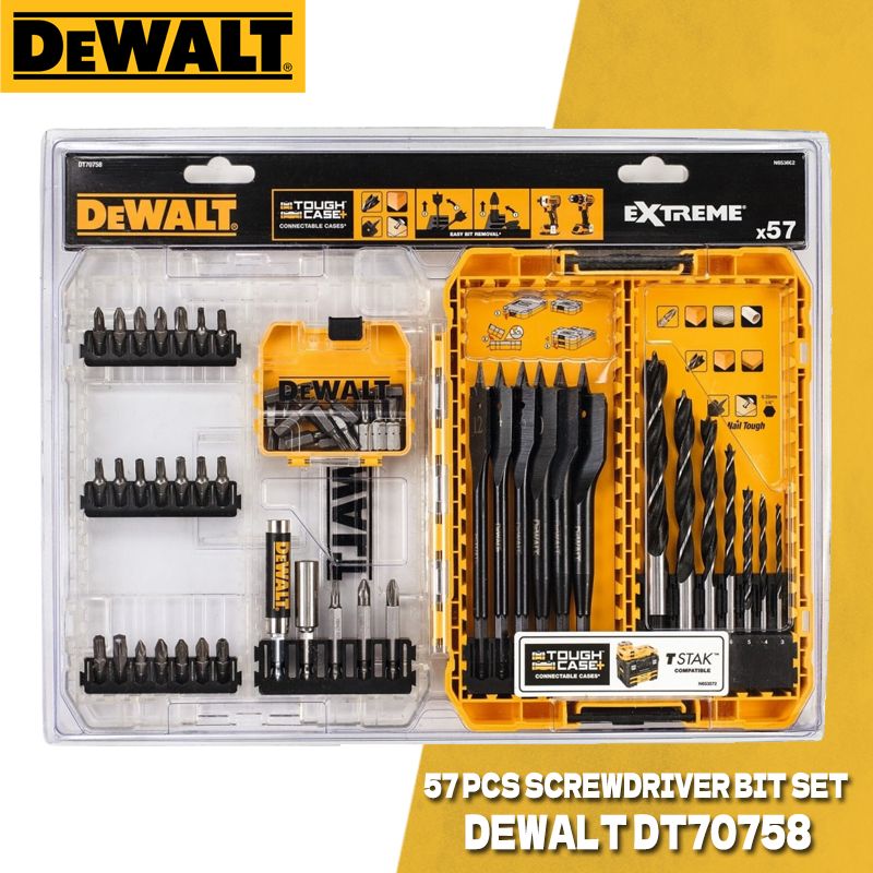 DEWALTDT70758Комплектсверлибит57штЦентрирующие+EXTREMEплоскиесверладлядерева