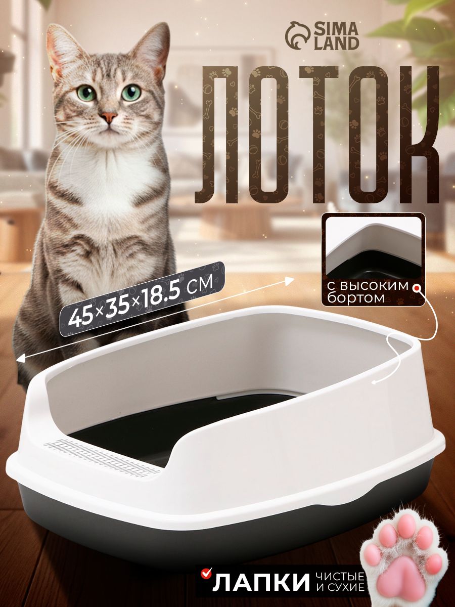 Лоток для кошек большой, с бортом 45 х 35 х 18.5 см, серый