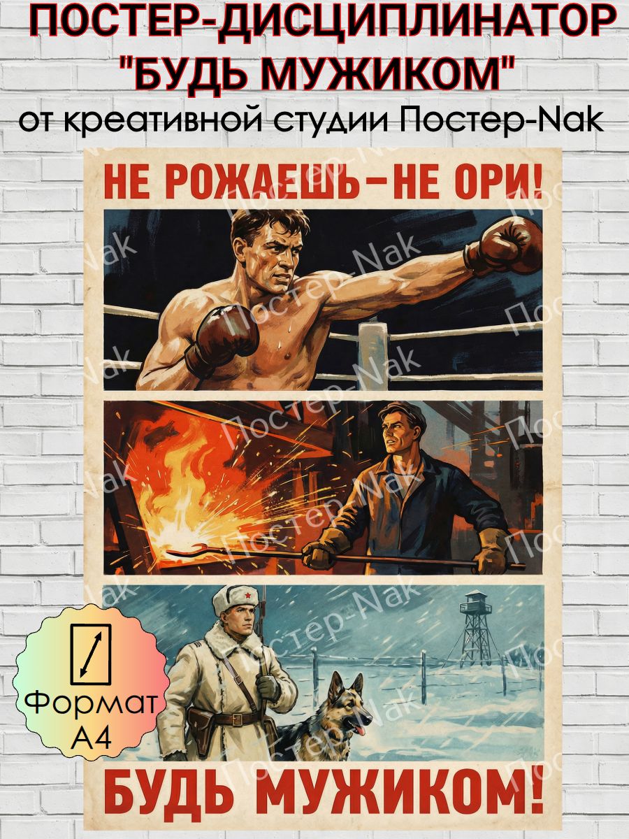 Мотивационныйпостер"БУДЬМУЖИКОМ!"наплотнойпремиальнойглянцевойбумаге.ФорматА4