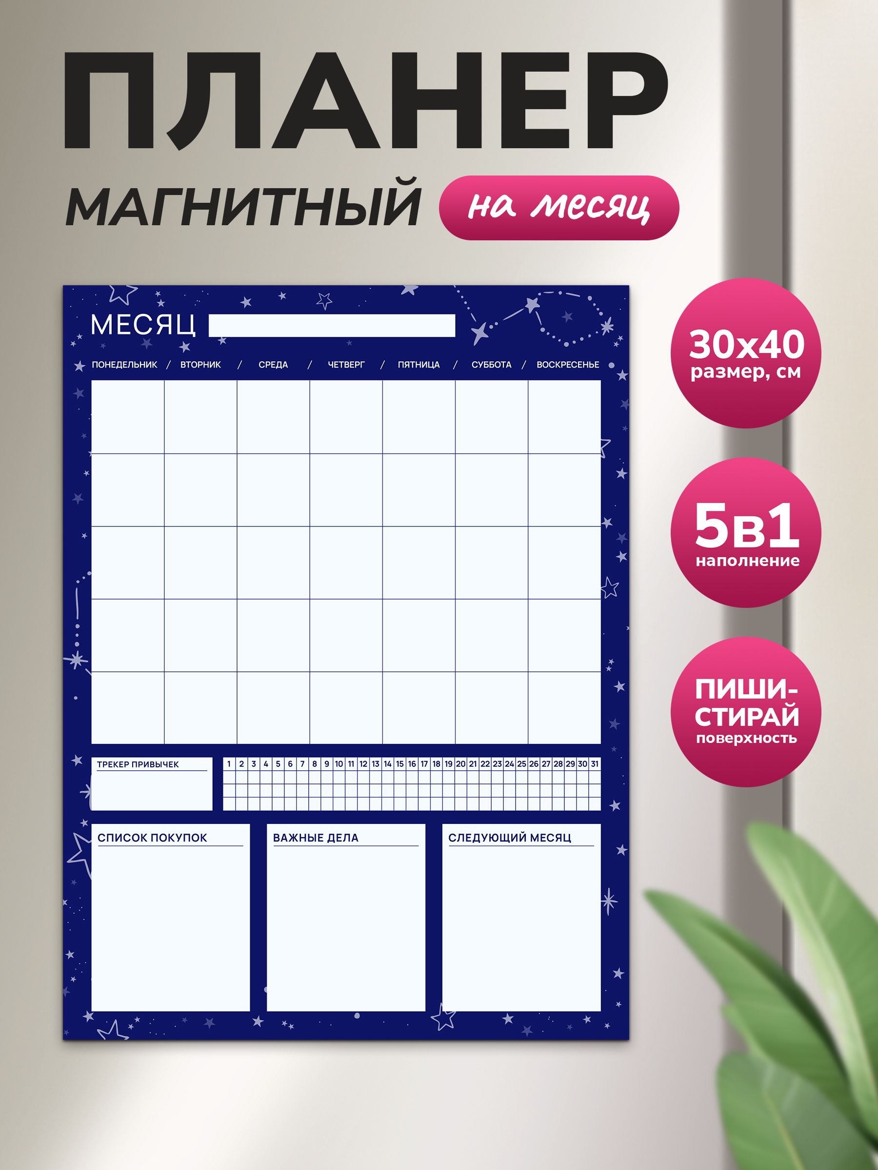 Магнитный планер на месяц 30х40 синий "Wellkit" Еженедельник 5 в 1 на холодильник