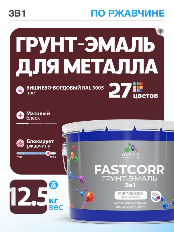 Грунт-эмаль по ржавчине 3 в 1 Malare FastCorr краска для металла, антикоррозионная износостойкая быстросохнущая RAL 3005, вишнево-бордовый, матовая, 12,5 кг.