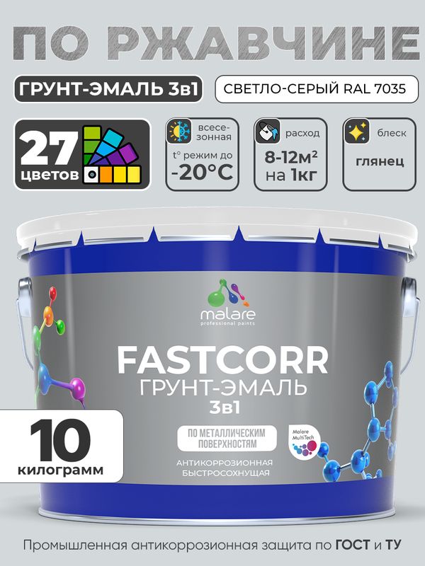Грунт-эмаль по ржавчине 3 в 1 Malare FastCorr краска для металла, антикоррозионная износостойкая быстросохнущая RAL 7035, светло-серый, глянцевая, 10 кг.