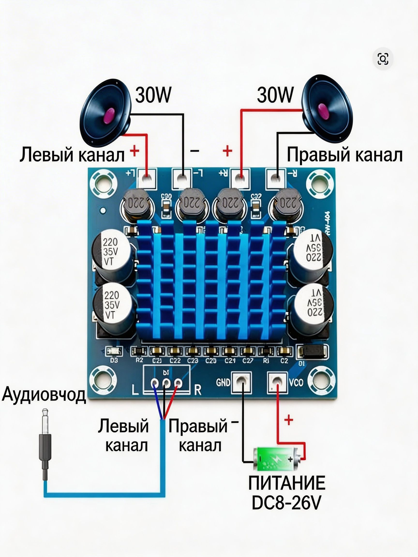 ЦифровойусилительXH-A232наTPA3110,стерео2.0,30Вт+30Вт,питание826В