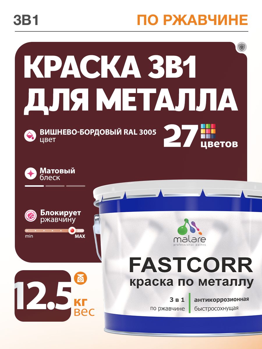 Краска для металла по ржавчине Malare FastCorr, для наружных работ износостойкая, быстросохнущая RAL 3005 вишнево-бордовый, матовая, 12,5 кг