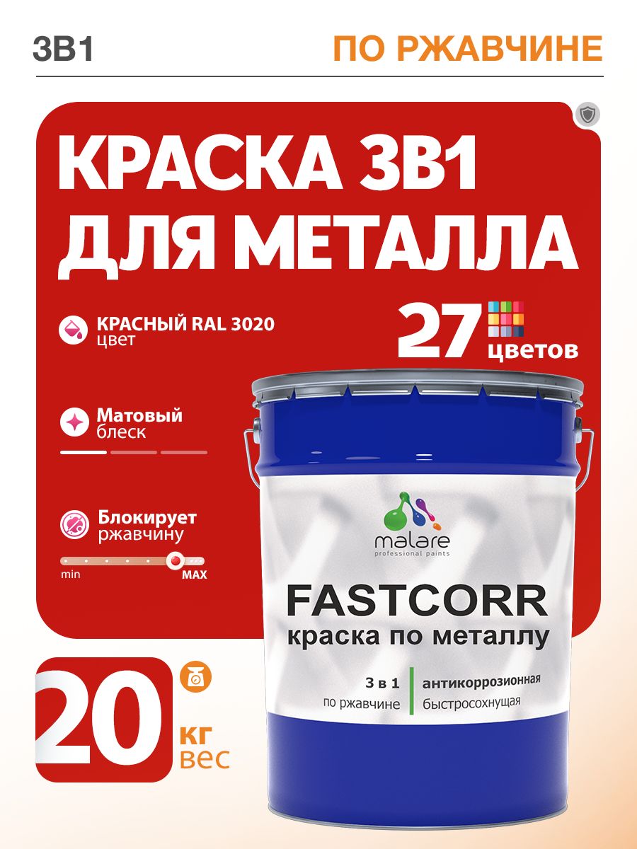 Краска для металла по ржавчине Malare FastCorr, для наружных работ износостойкая, быстросохнущая RAL 3020 красный, матовая, 20 кг