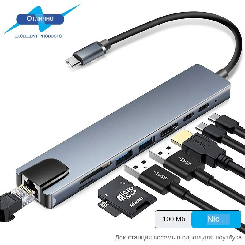 Док-станция Type-c "восемь в одном", сетевой порт 100 м, быстрая ...