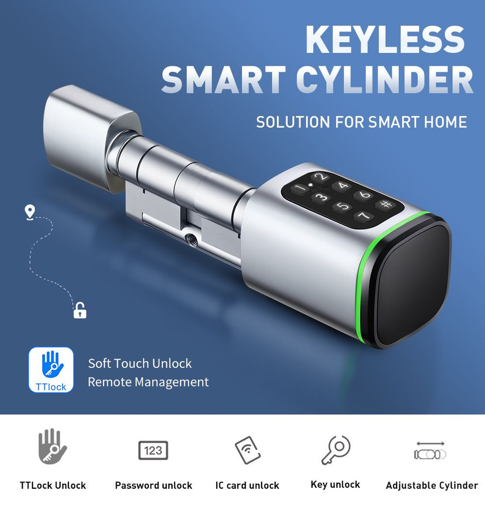 Умный замок-цилиндр Bluetooth дверной замок tuyaAPP+пароль+карта+механический ключ (серебристый, 80 мм) #1