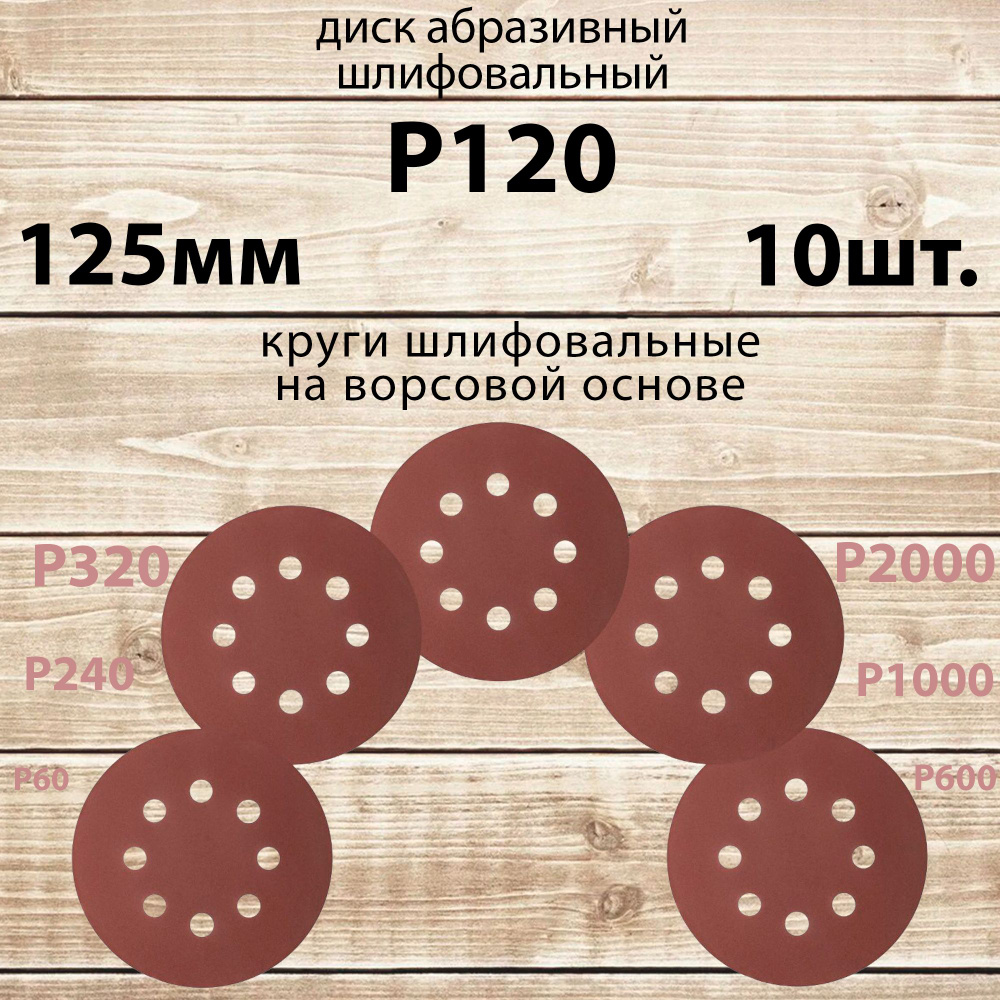 Круг шлифовальный 125 мм на липучке, P120 (10 штук), диск шлифовальный основе / диск абразивный  #1