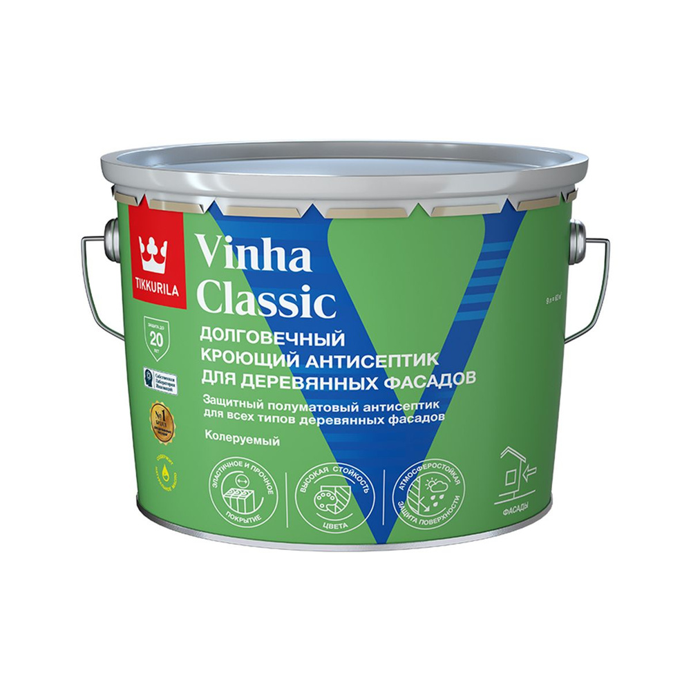 Антисептик для деревянных фасадов Tikkurila Vinha Classic, полуматовый, база А, белый, 9 л  #1