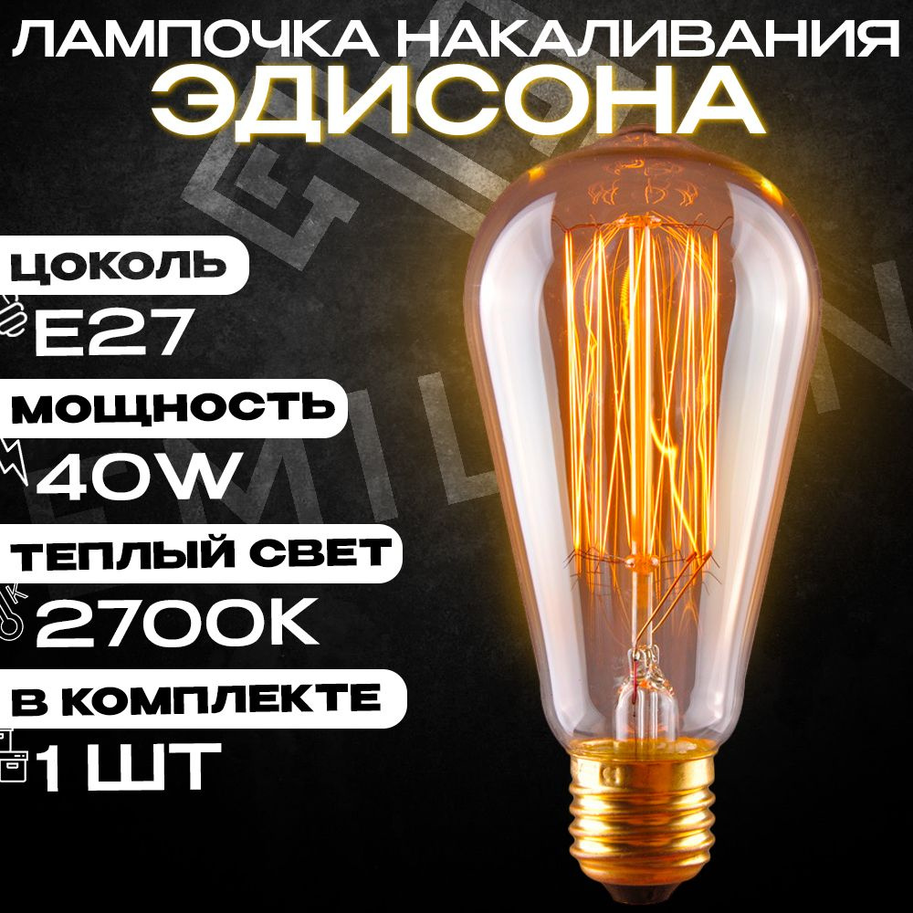 Лампа накаливания (винтажная лампочка) Эдисона Emilion Loft Edison ST64  (E27, 40Вт, Теплый свет)