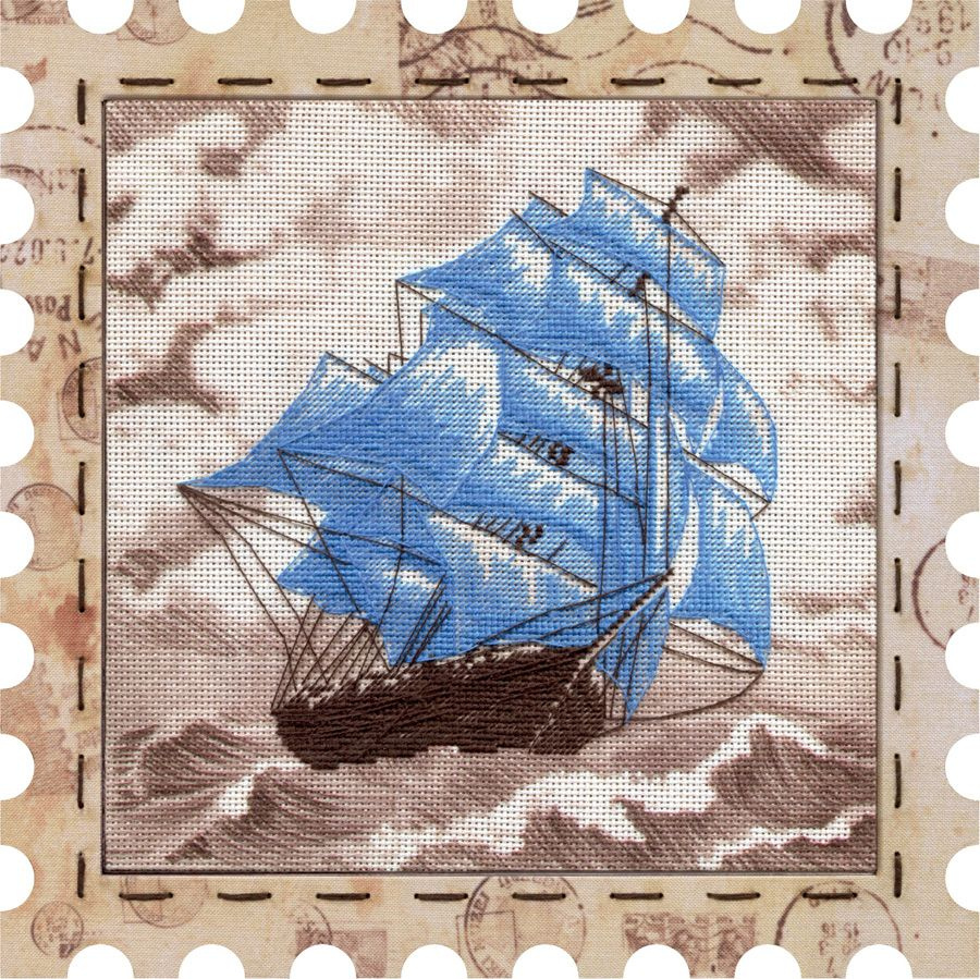 Набор для вышивания нитками на канве с фоновым рисунком Парусник Нова ...