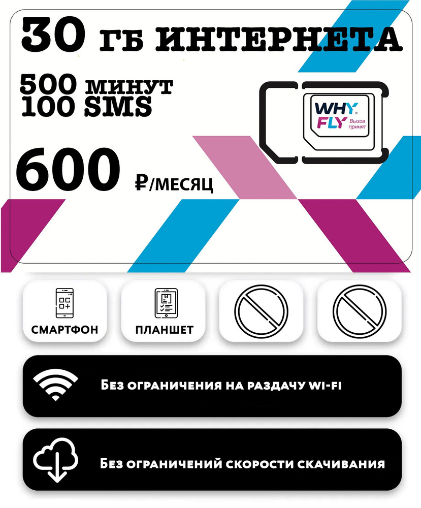 WHYFLY SIM-карта с 30 гб интернета 3G/4G/LTE + 500 мин + 100 смс за 600  руб/месяц (смартфоны, планшеты) + в тариф включена раздача и торренты ( Москва, Московская область, Россия) (Москва, Московская область) -