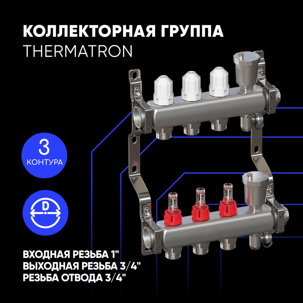 Коллекторная группа 1"х3 вых. Евроконус 3/4" с расходомерами, автомат. воздухоотвод ThermaTron (нерж. #1