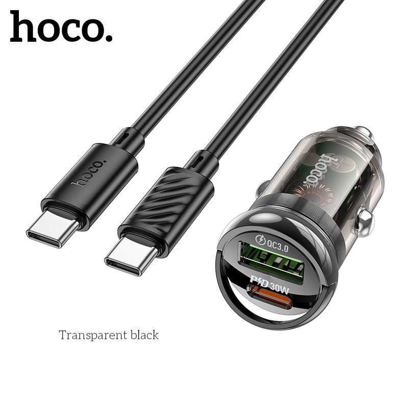 Автомобильное зарядное устройство Hoco Z53A Vision PD30W+QC3.0 (с кабелем Type-C), прозрачный черный #1