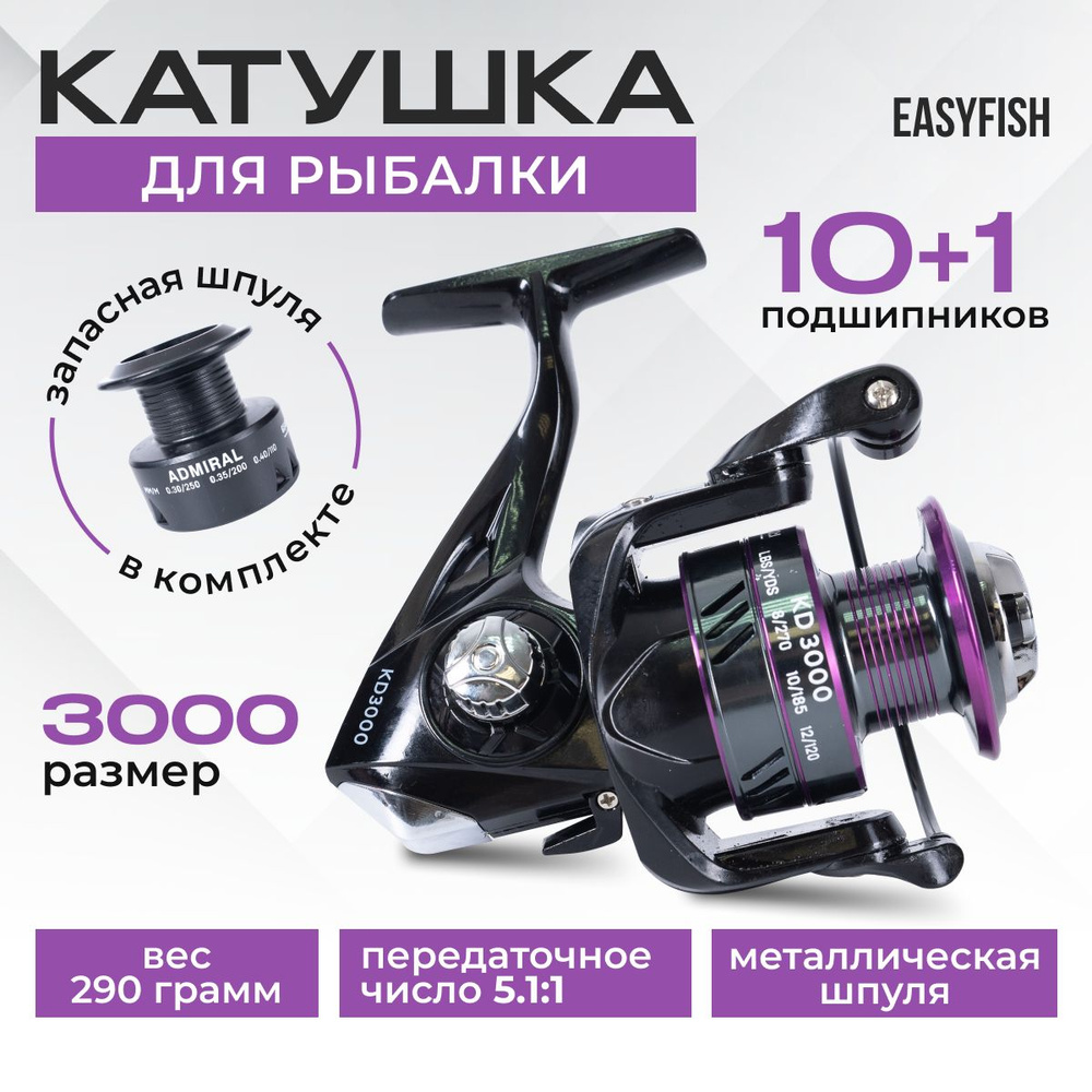 Катушка EasyFish 123_фиолетовый, Безынерционная, 3000, Передний фрикцион  купить по низкой цене с доставкой в интернет-магазине OZON (1472638673)