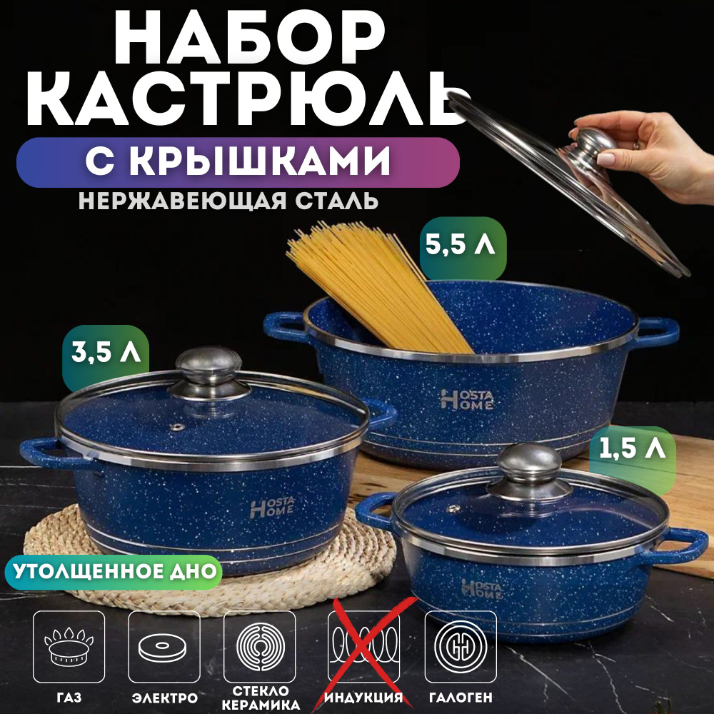 Набор кастрюль Hosta Home, Нержавеющая сталь с покрытием, 1,5 л, 5,5 л, 3,5  л - купить по выгодной цене в интернет-магазине OZON.ru (773869919)