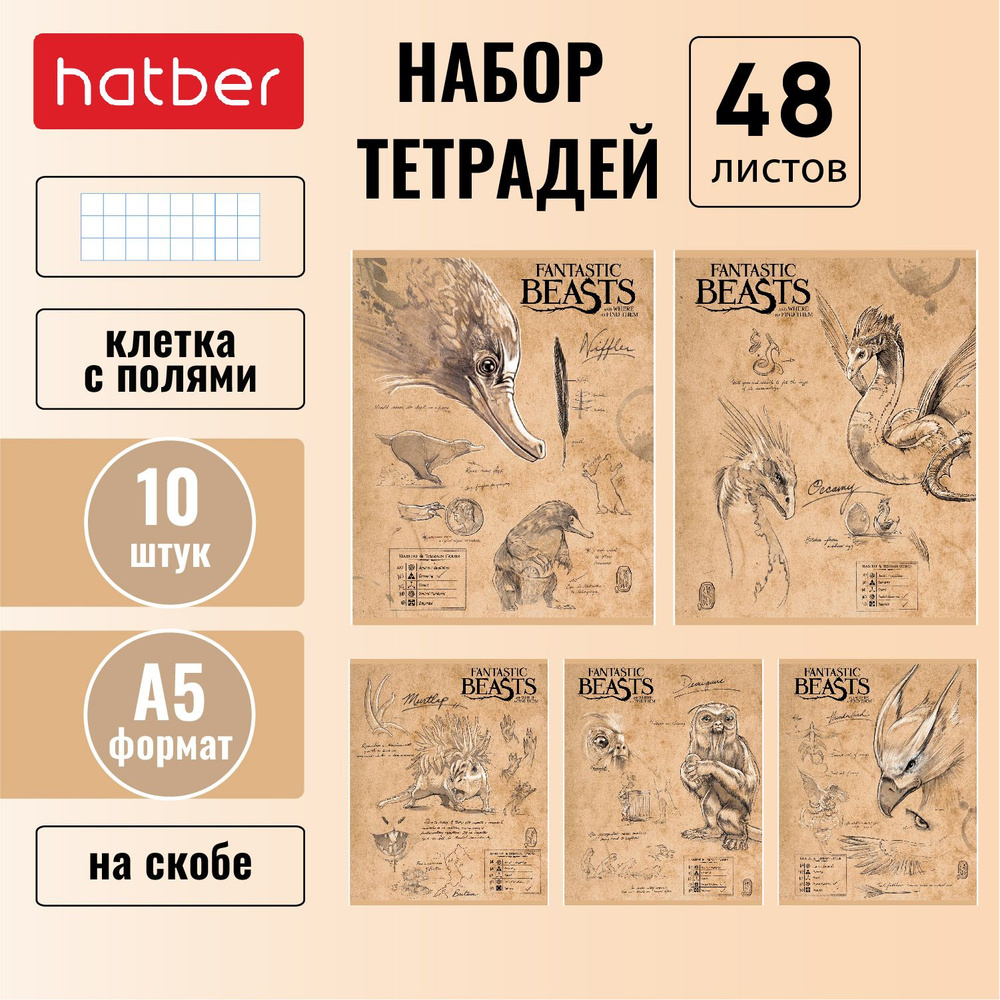 Набор тетрадей 48 листов Hatber 10 штук/5 дизайнов, в клетку  