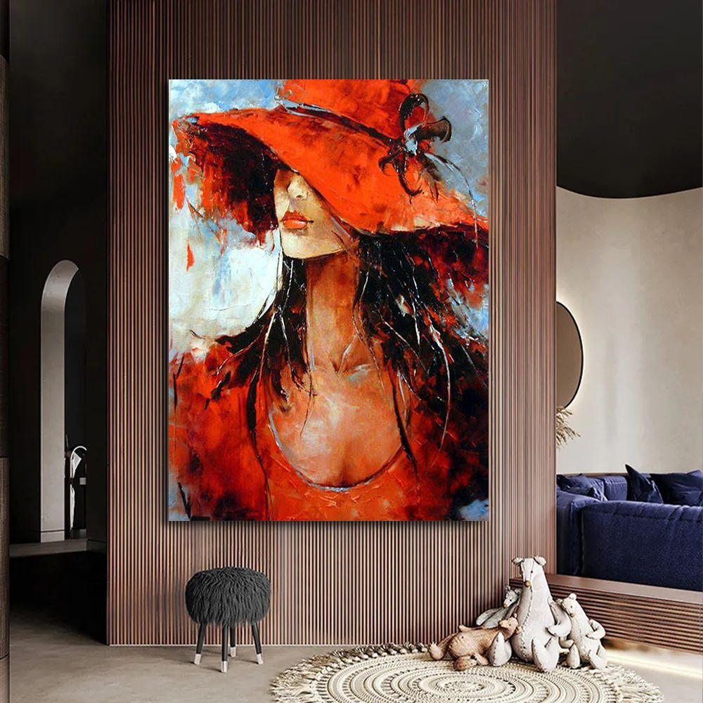 Картина красивая девушка в красной шляпе, 80х110 см. #1