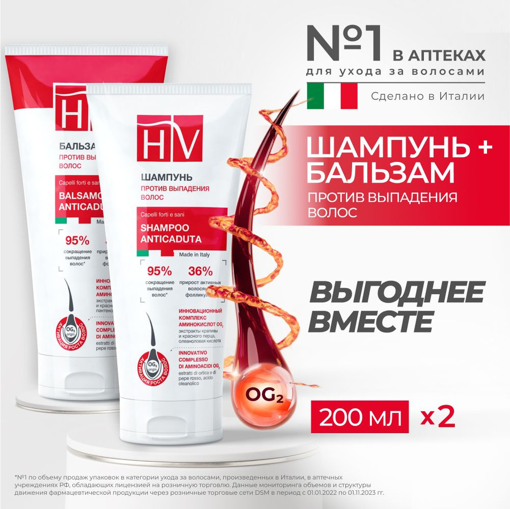 Hair Vital Набор для волос: шампунь и бальзам против выпадения, 200 мл.*200  мл. Италия