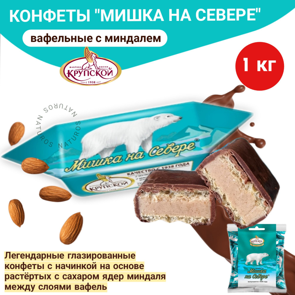 Конфеты Мишка на Севере, вафельные в шоколаде, Фабрика им. Крупской 1 ...