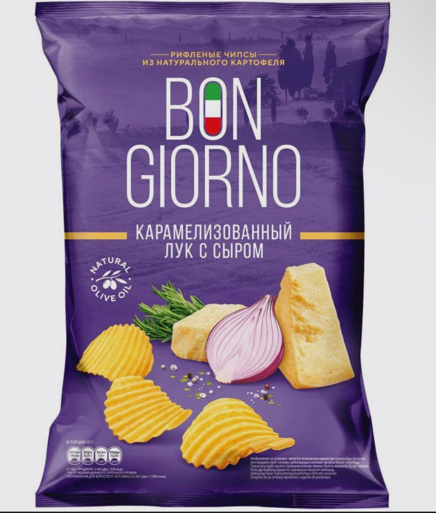 Чипсы Bon Giorno Карамелизованный Лук С Сыром картофельные рифленые ...