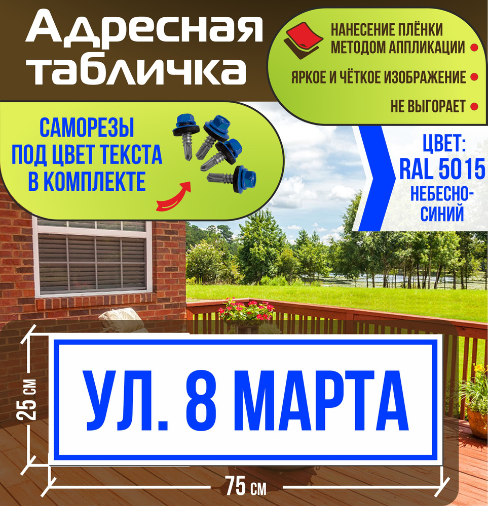 Адресная табличка на дом улица 8 Марта RAL 5015 синяя #1