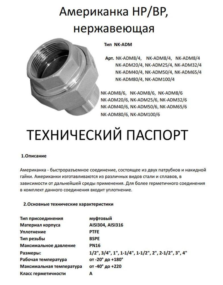 Американка нр/вр нержавеющая, AISI304 DN25 (1"), (CF8), PTFE, PN16, набор 8 шт  #1