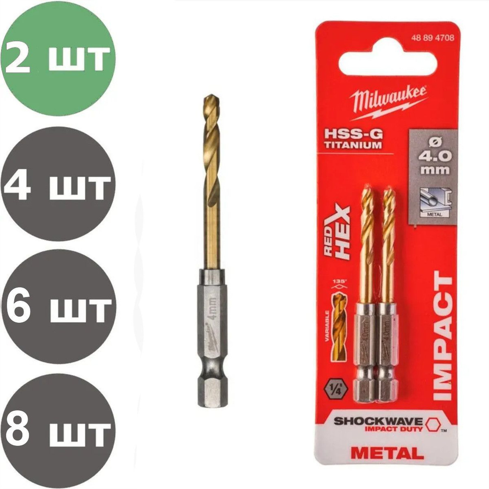 4x71.5 мм (2 шт) Сверло по металлу с хвостовиком 1/4 Hex Milwaukee RED HEX HSS-TiN  #1