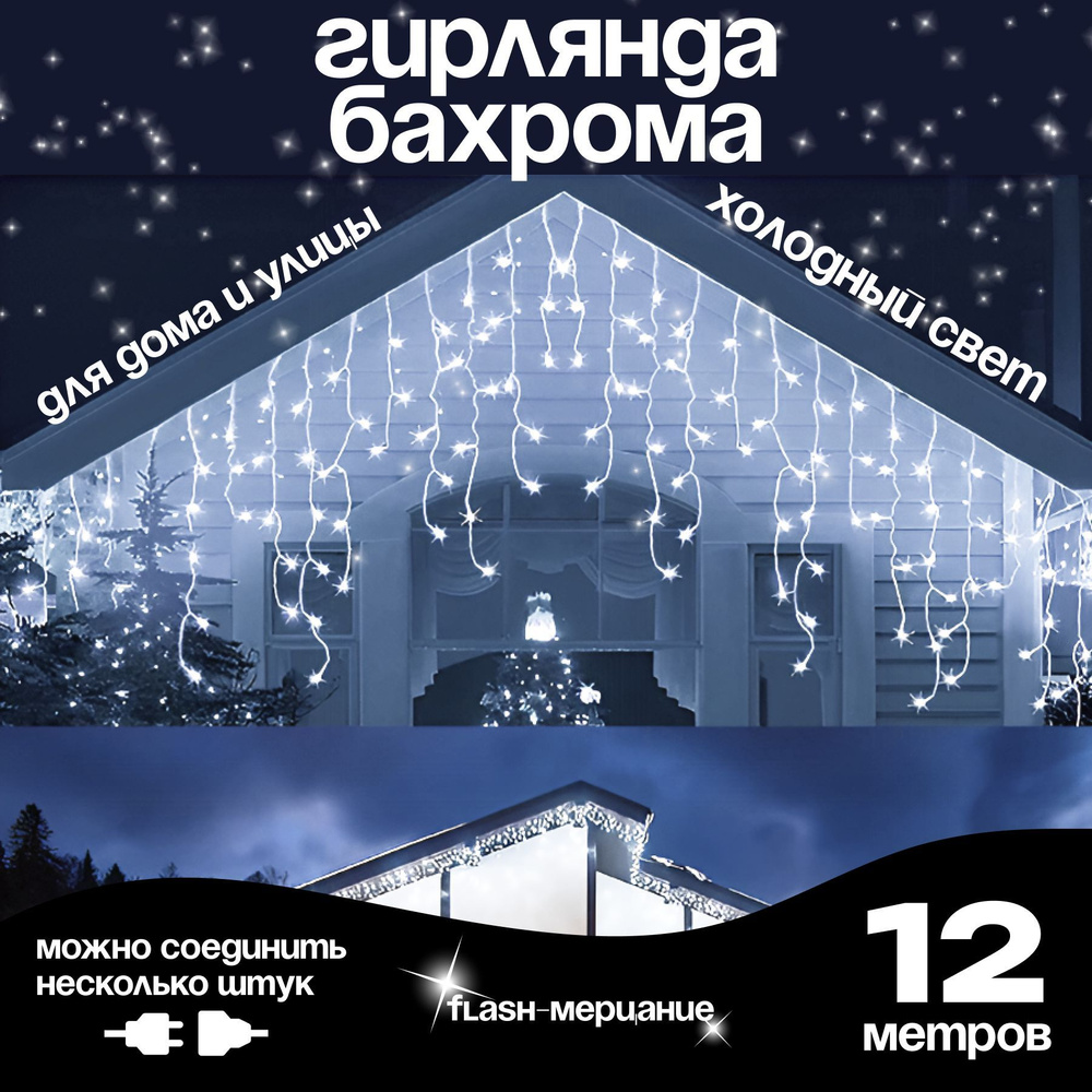 Электрогирлянда уличная бахрома 12 метров, белый #1