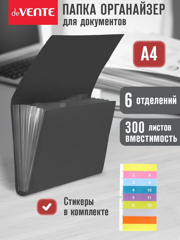 Папка-органайзер канцелярская для документов, бумаг, файлов А4 с 6-ю отделениями и разделителями, с клапаном #1