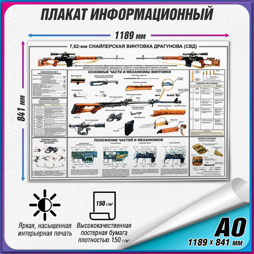 Информационный учебный плакат "7,62-мм Снайперская винтовка Драгунова (СВД)" / А0 (119x84 см.)  #1