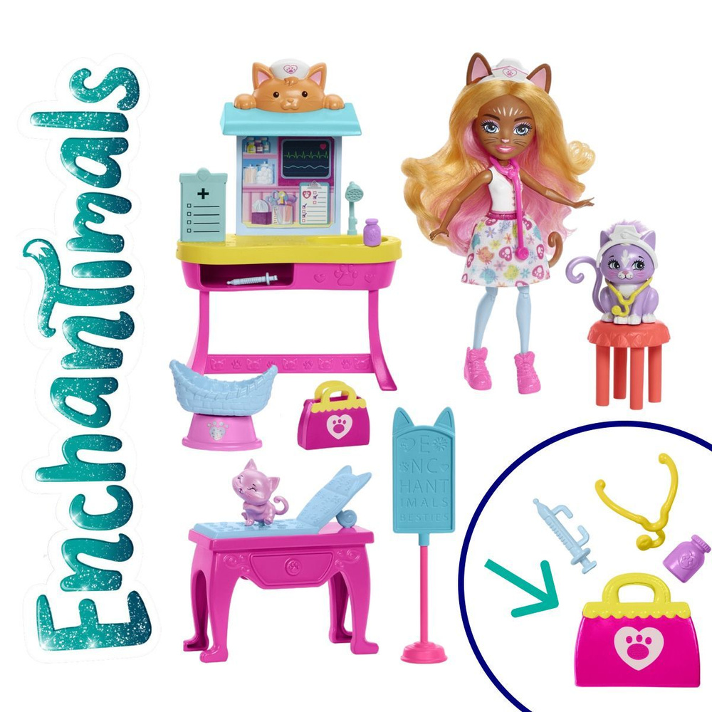 Кукла Enchantimals City Tails HLH22 медицинский кабинет кошечки Карлин с аксессуарами Энчантималс Mattel #1