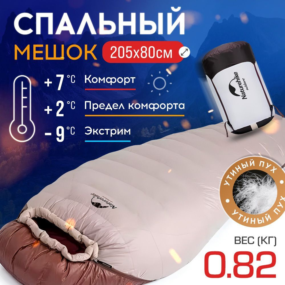 Мешок спальный Naturehike SnowBird, 205х80 см, L (380G), (правый) (ТК +7C), серый/коричневый  #1