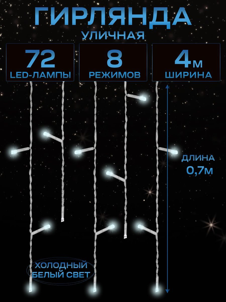 Уличная гирлянда БАХРОМА 4x0,7 м 72 лампы холодный белый свет. Светодиодная гирлянда 8 режимов. Новогодний #1