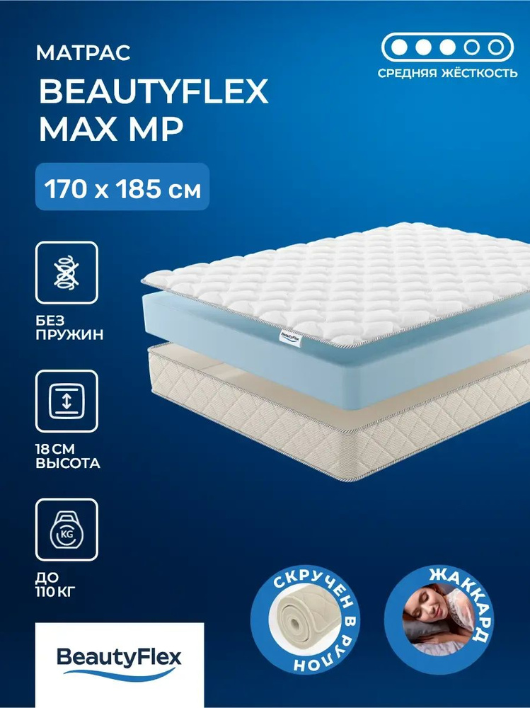 Матрас 170х185 BeautyFlex Max, толстый, 18 см, беспружинный, cредне-жёсткий, пенополиуретан, в рулоне, #1