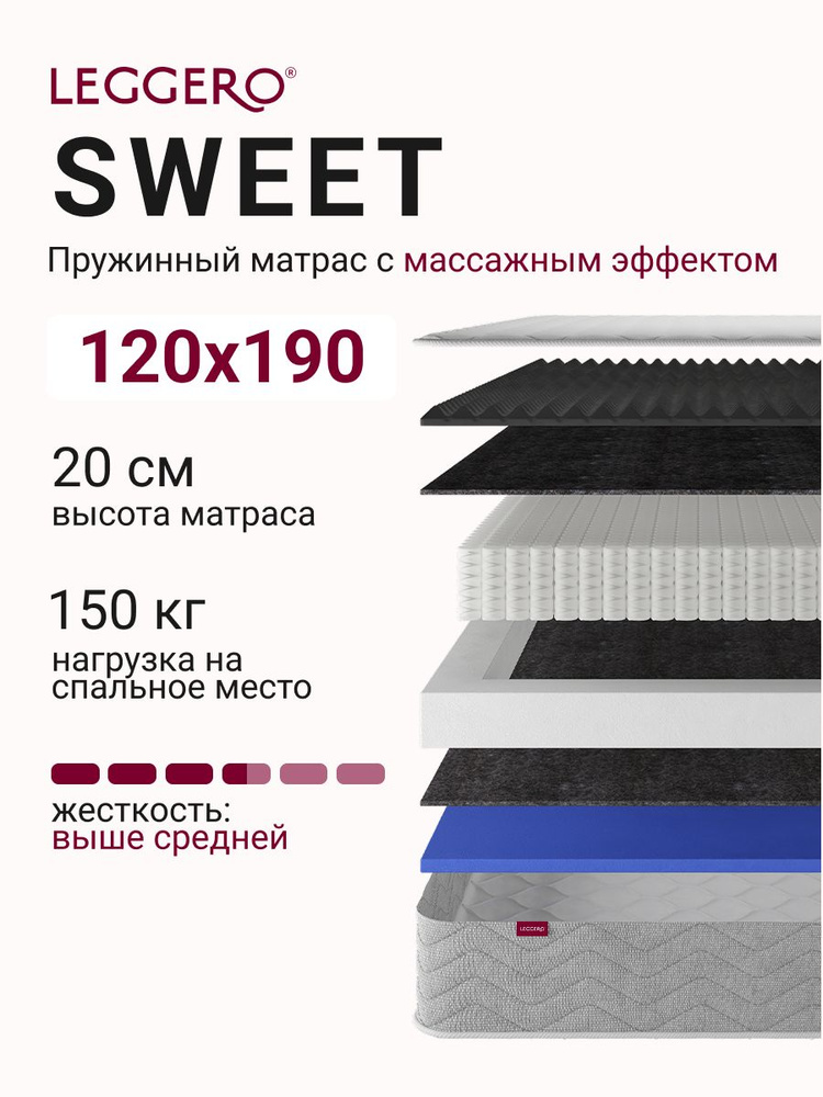 Матрас пружинный, 120х190, жесткий, с массажным эффектом, LEGGERO, SWEET #1