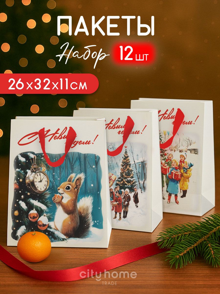 Пакет подарочный новогодний, 26*32*11, набор 12 шт #1