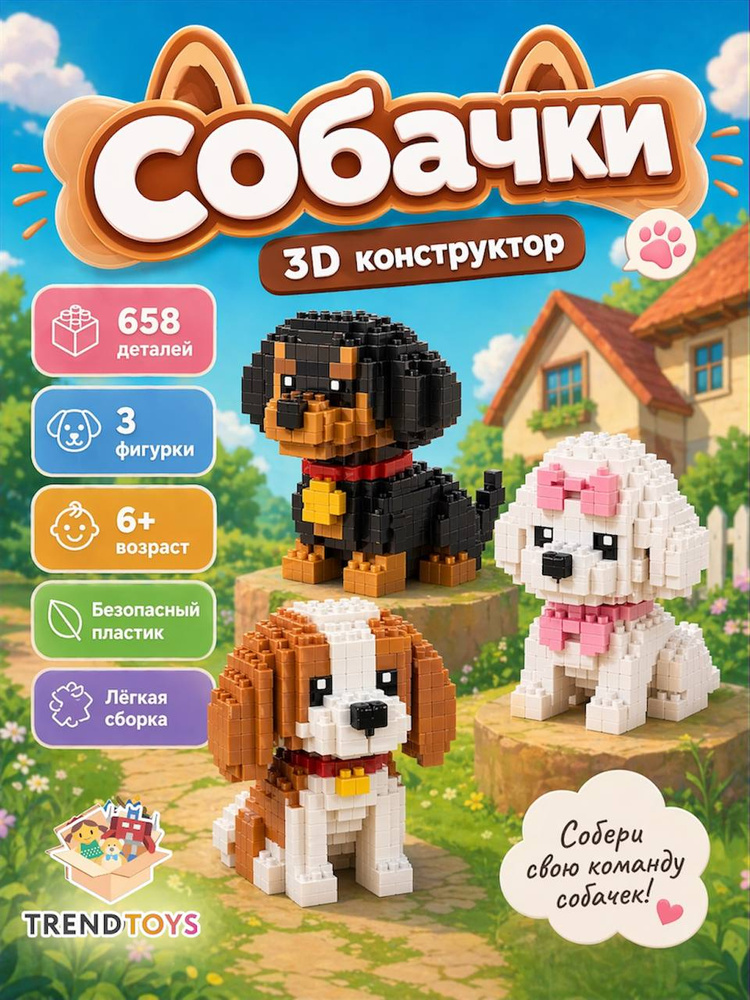 Мини конструктор 3д Собаки для мальчиков и девочек, Конструктор фигурки из мини блоков 658 деталей 3 #1