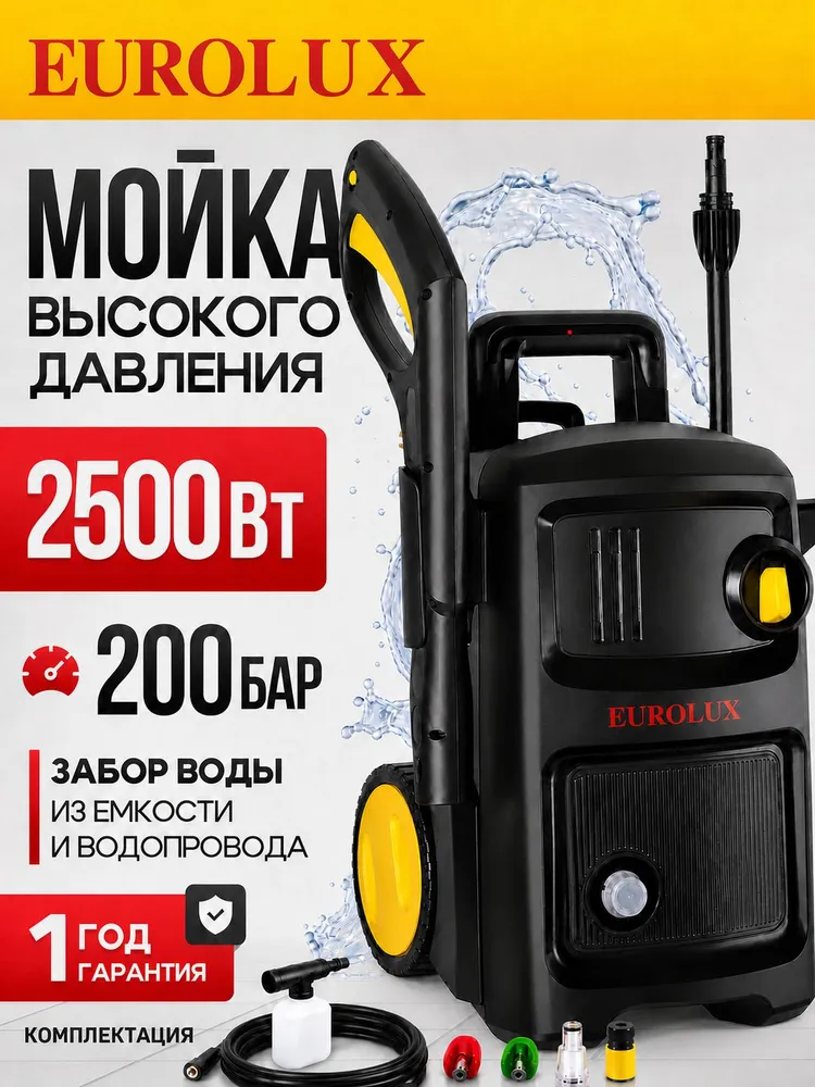 Мойка высокого давления для автомобиля 2500Вт, 22 МПа, 430 л/ч, шланг 8 м, Eurolux W-25 MAX/ минимойка керхер, 2500 Вт, 430 л