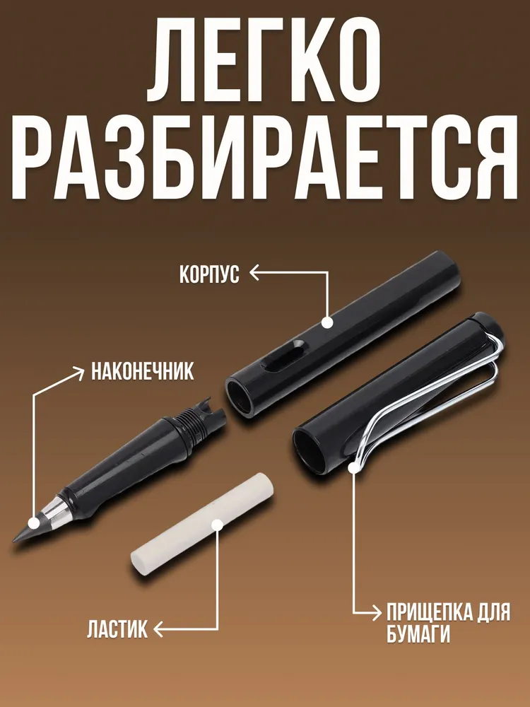 Вечный карандаш с ластиком 2 шт. / черный карандаш бесконечный + 4 грифеля, 2 шт, фото 6