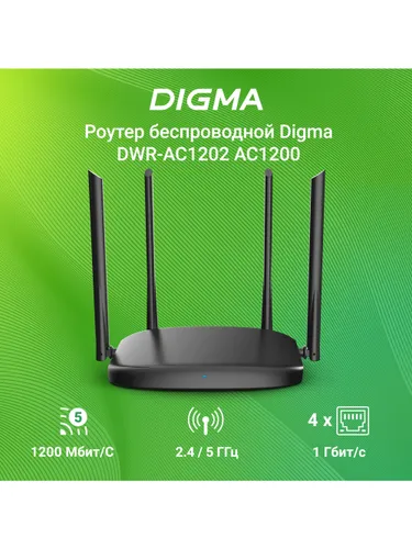 Digma DWR-AC1202 Роутер беспроводной AC1200 10/100/1000BASE-TX черный черный матовый