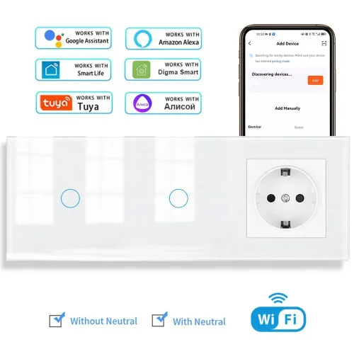 Умный сенсорный WIFI выключатель с двумя розетками в одной стеклянной белой рамке для Алисы, 2клавиш