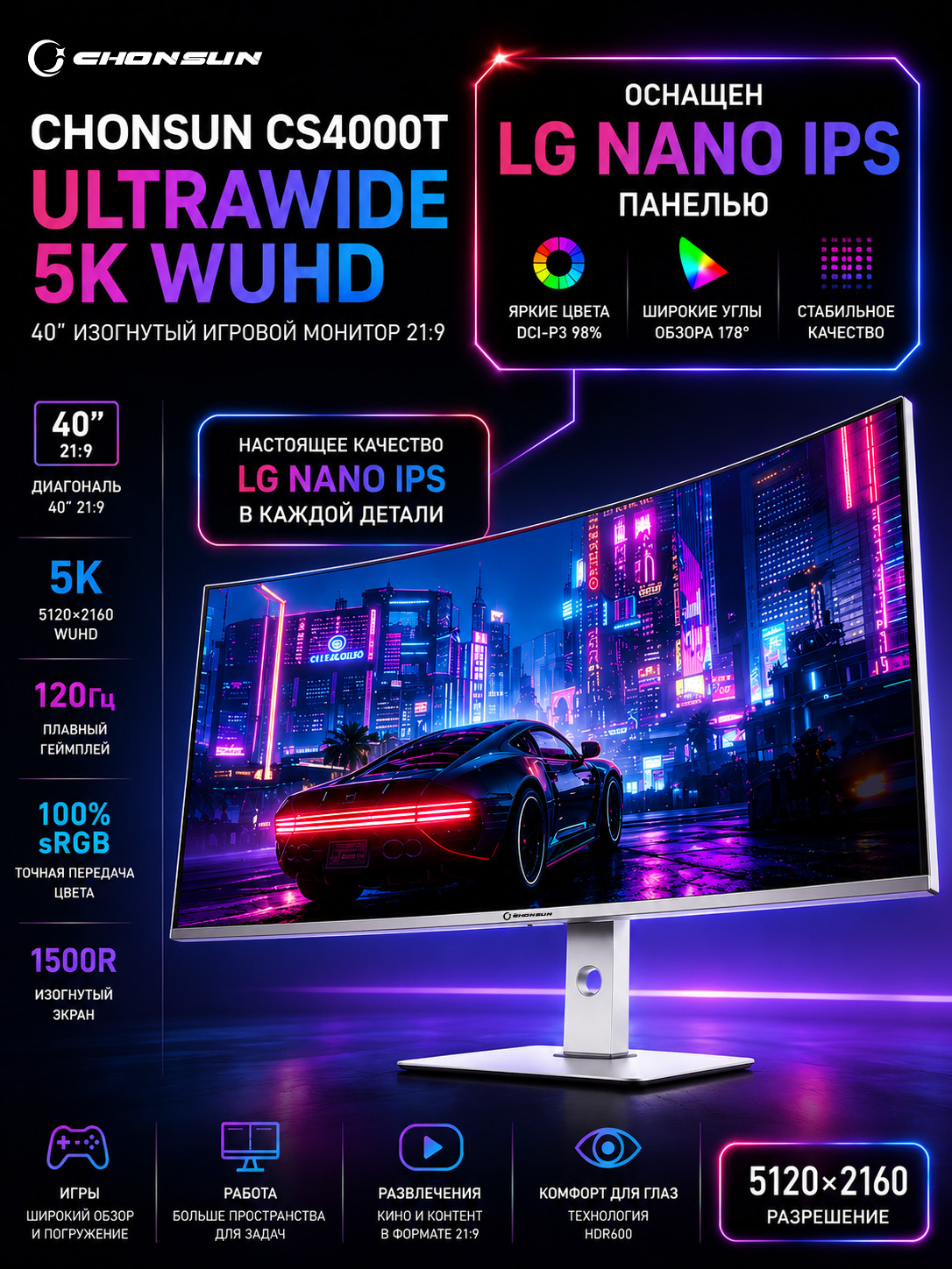 CHONSUN40"МониторCS4000TUltraWide5KWUHDLG-NanoIPS(120Гц,21:9,изогнутыймониторигровой),IPS,5120x2160,120Гц,Изогнутыйэкран,серебристый