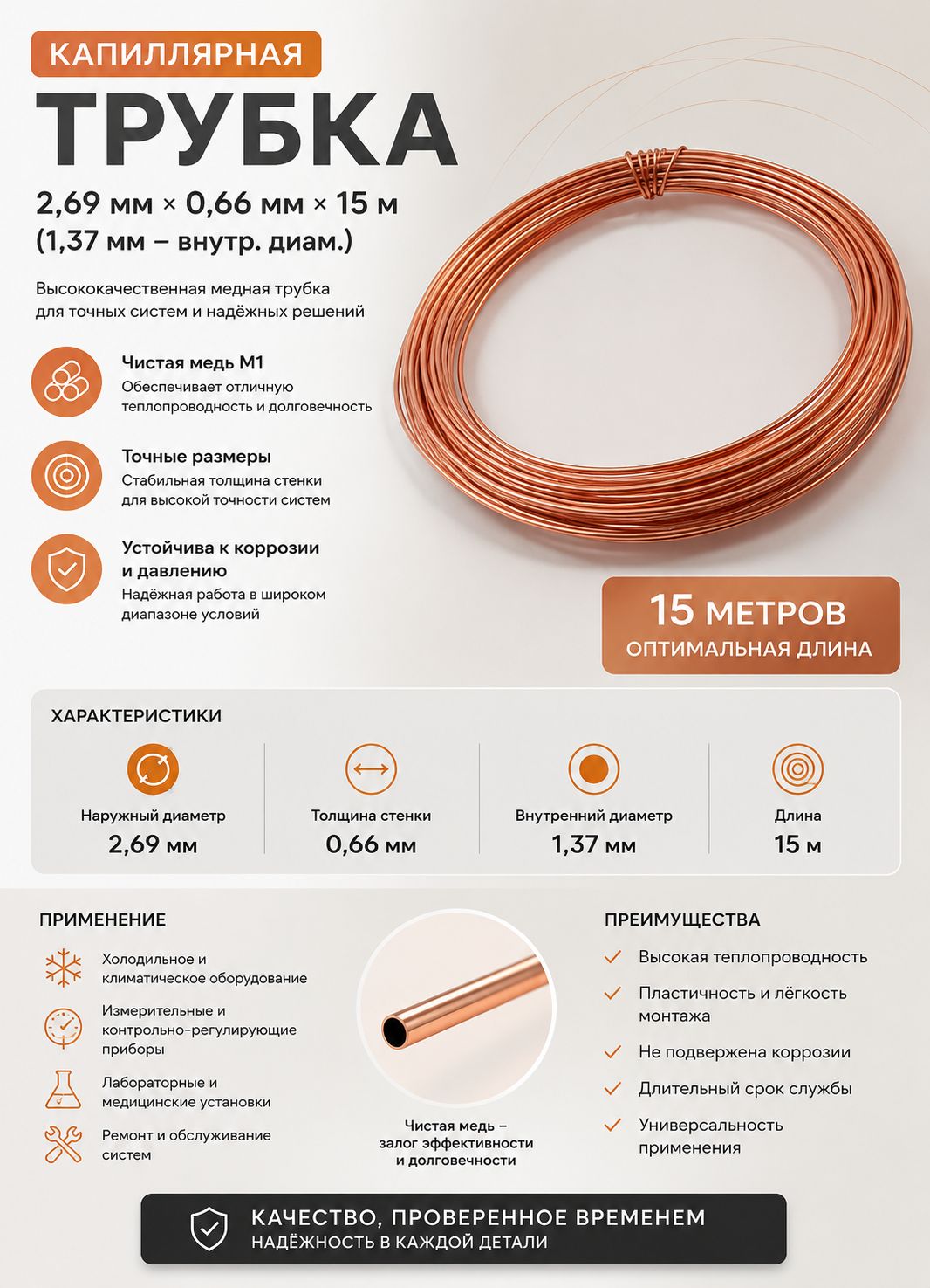 Трубка капиллярная 2,69 0,660 1м, внутр. 1,370 мм