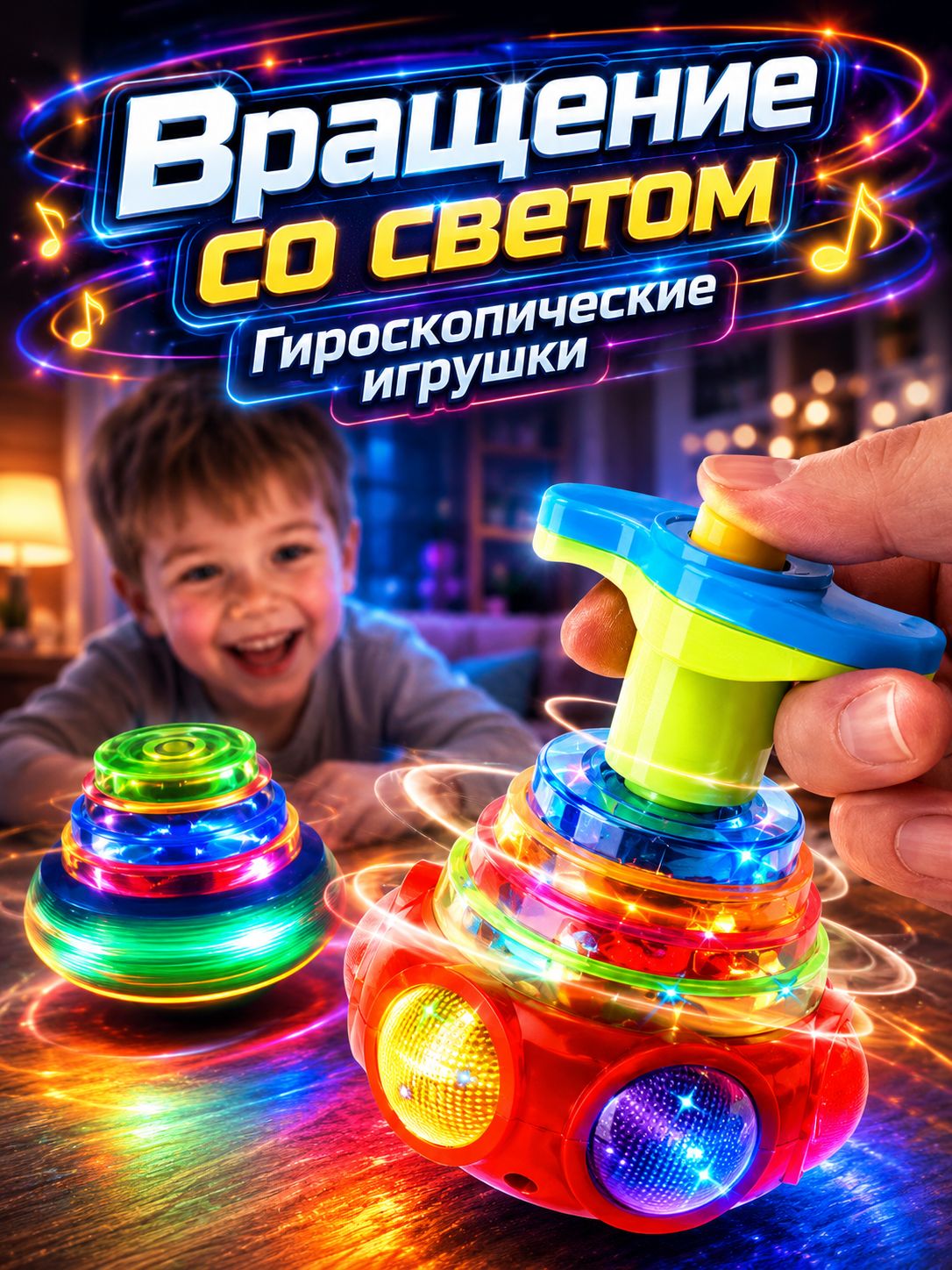 Музыкальныйсветящийсяволчок"Яркоешоу"Игрушкасосветовымиизвуковымиэффектамидлядетей