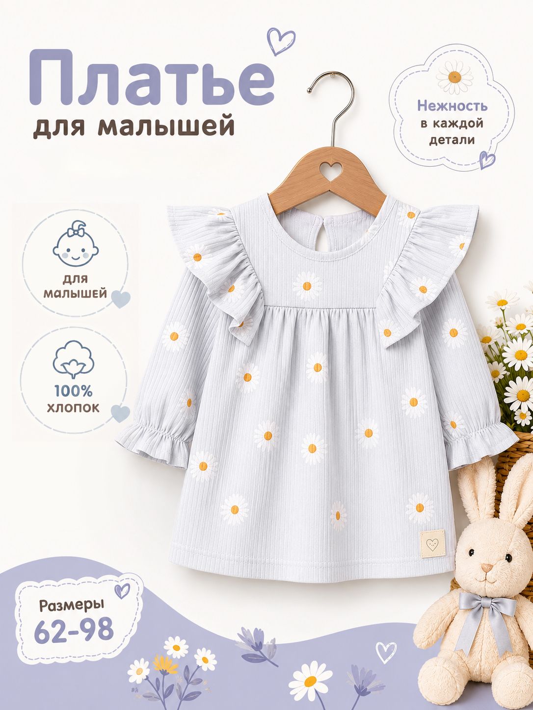 Платье для девочки Крошка Я Ромашка , детское платье с длинным рукавом и рюшами, серое, рост 62-68 см