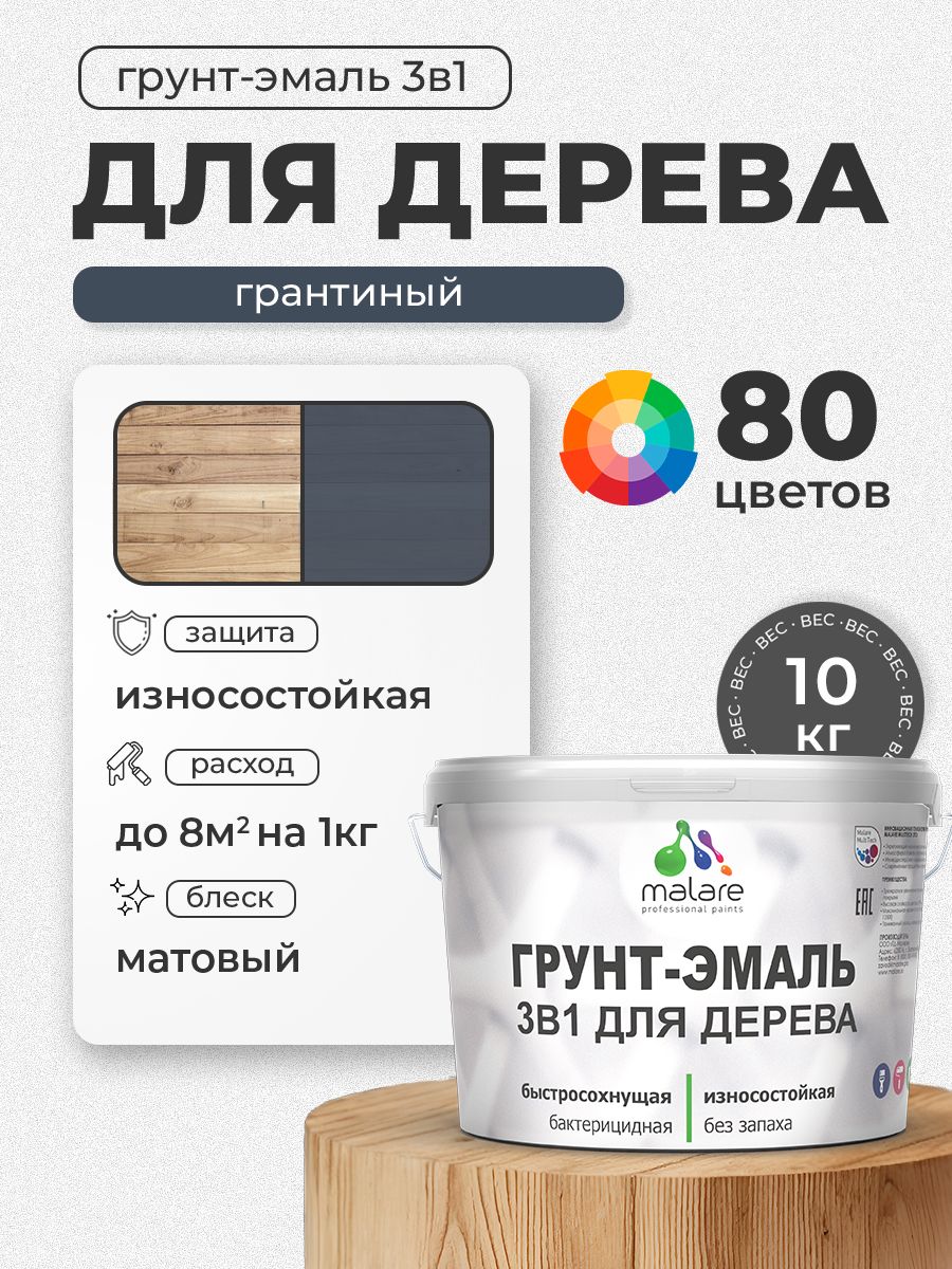 Акриловая Грунт-Эмаль 3 в 1 Malare для деревянных поверхностей с антисептическим эффектом, быстросохнущая, моющаяся без запаха матовая, гранитный, 10 кг