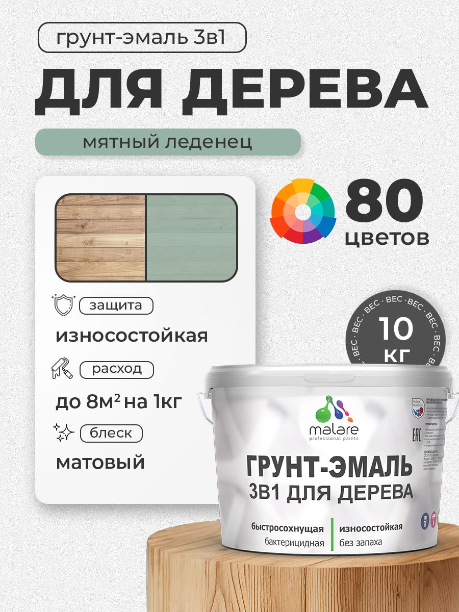 Акриловая Грунт-Эмаль 3 в 1 Malare для деревянных поверхностей с антисептическим эффектом, быстросохнущая, моющаяся без запаха матовая, мятный леденец, 10 кг