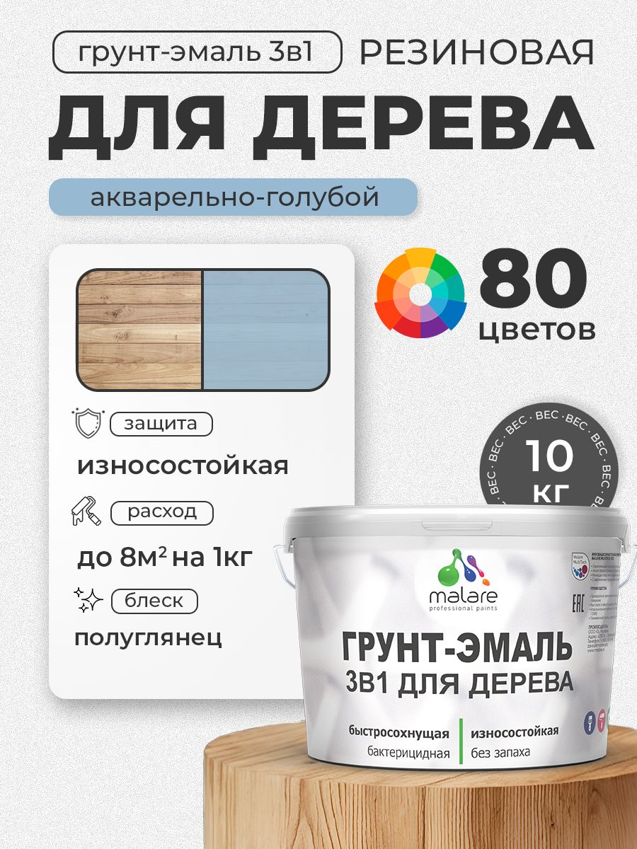 Латексная Грунт-Эмаль 3 в 1 Malare для деревянных поверхностей с антисептическим эффектом, быстросохнущая моющаяся без запаха полуглянцевая, акварельно-голубой, 10 кг