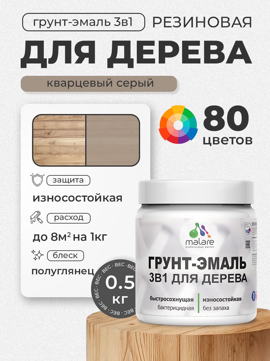 Латексная Грунт-Эмаль 3 в 1 Malare для деревянных поверхностей с антисептическим эффектом, быстросохнущая моющаяся без запаха полуглянцевая, кварцевый серый, 0.5 кг